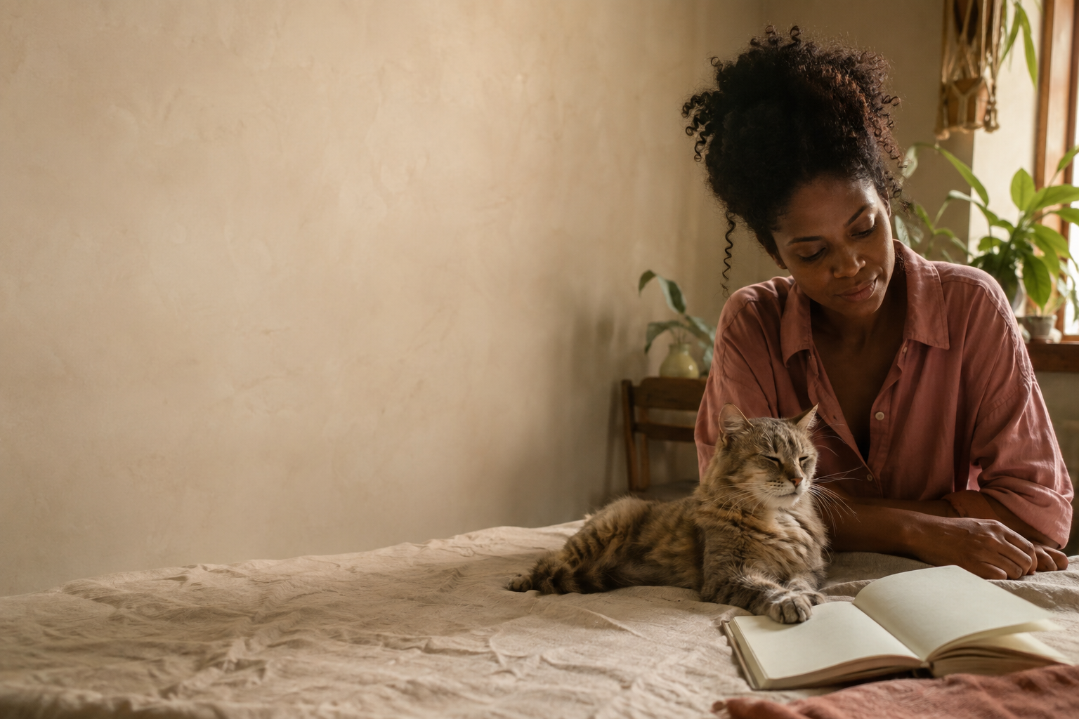 Uma Médica Veterinária negra acompanha com presença um gato idoso em um ambiente doméstico acolhedor.
